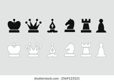 Chess pieces set. King, queen, bishop, knight, rook, pawn. Black silhouettes isolated on white background. Chess pictogram. Set of icons.