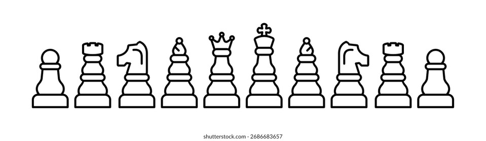 Schachfiguren setzen ein Liniensymbol. Gliederungssymbole des klassischen Strategiespiels. Ritter, Königin, Bischof, Turm, Ritter, Pfandschachfiguren. Brettspiele. Geschäftsplanung und Strategiekonzepte. Vektorgrafik. 