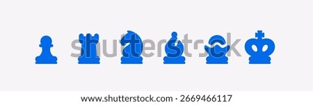 Chess pieces set for mobile application. Vector illustration of chess icons top view for chessboard display. Flat design symbols of king, queen, rook, bishop, knight, and pawn for digital interface.