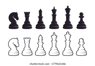 Chess pieces silhouette set. Strategic intellectual game black white pieces queen with king rook and elephant tournament power logical mind ancient art of war. Vector hobby.