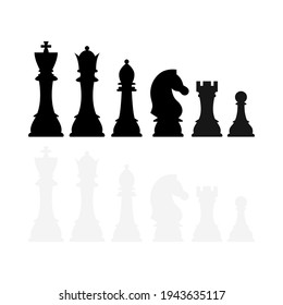Chess pieces silhouette vector icon set isolated on white background. Black and white chess figures king, queen, bishop, knight, rook, pawn game elements. Flat design simple clip art illustration.