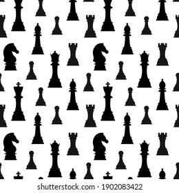 Chess pieces silhouette vector seamless pattern isolated on white background. Black chess figures king, queen, bishop, knight, rook, pawn game design elements print. Flat design simple illustration