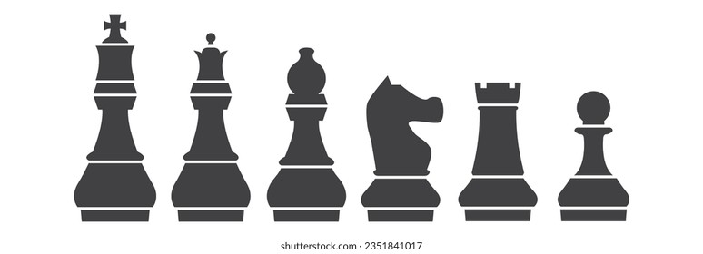 Chess pieces simple icon set. Included icon king, queen, bishop, knight, rook, pawn. Silhouettes isolated on white background. Chess pictogram. Set of flat chess icons in line style Vector symbols.