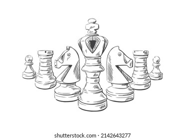 Chess pieces in sketch style. Chess club web background. Hand-drawn vector illustration