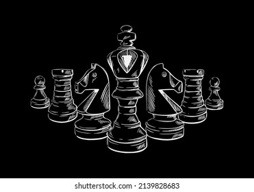 Chess pieces in sketch style on a black isolated background. . Hand-drawn vector illustration.