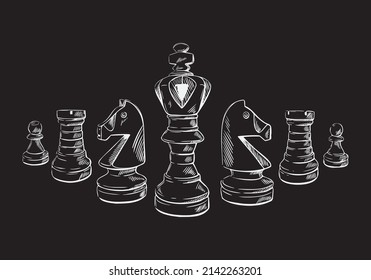 Chess pieces in sketch style on a black isolated background. Chess club web background. Hand-drawn vector illustration.