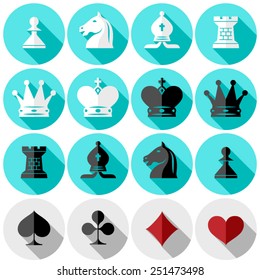 chess pieces. suits of playing cards. flat design in color