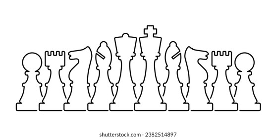 Chess pieces tower horse bishop, king queen Chess Board Setup Vector icon or symbol pieces Flat style the starting positions figures pieces. Chess day. Silhouette checker board. Square checker