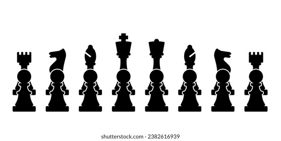 Chess pieces tower horse bishop, king queen Chess Board Setup Vector icon or symbol pieces Flat style the starting positions figures pieces tournament strategy silhouette checker board. Square checker