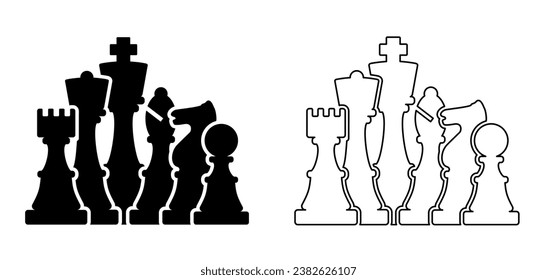 Chess pieces tower horse bishop, king queen Chess Board Setup Vector icon or symbol pieces Flat style the starting positions figures pieces. Chess day. Silhouette checker board. Square checker