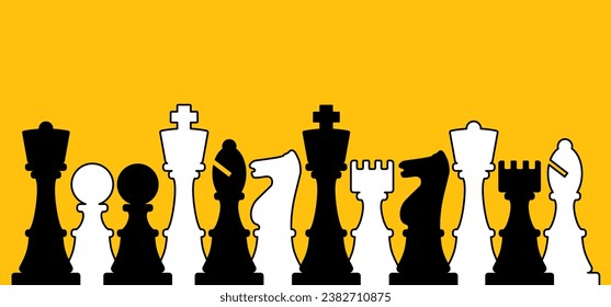 Chess pieces tower horse bishop, king queen Chess Board Setup Vector icon or symbol pieces Flat style the starting positions figures pieces. Chess day. Silhouette checker board. Square checker