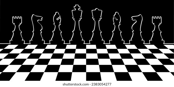 Chess pieces tower horse bishop, king queen Chess Board Setup Vector icon or symbol pieces Flat style the starting positions figures pieces tournament strategy silhouette checker board. Square checker