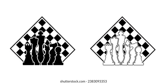 Chess pieces tower horse bishop, king queen Chess Board Setup Vector icon or symbol pieces Flat style the starting positions figures pieces. Chess day. Silhouette checker board. Square checker