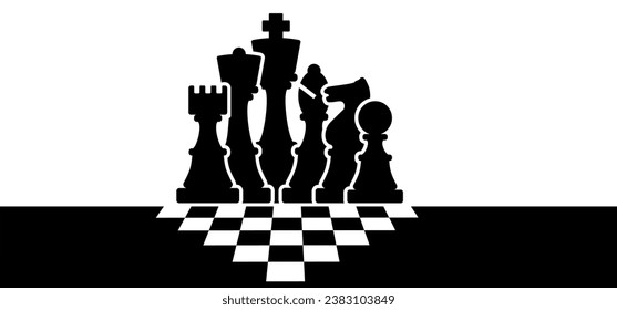Chess pieces tower horse bishop, king queen Chess Board Setup Vector icon or symbol pieces Flat style the starting positions figures pieces. Chess day. Silhouette checker board. Square checker