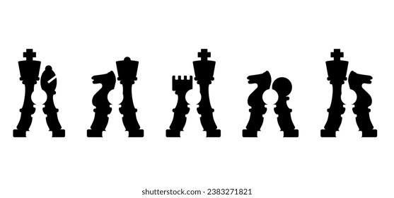 Chess pieces tower horse bishop, king queen Chess Board Setup Vector icon or symbol pieces Flat style the starting positions figures pieces. Chess day. Silhouette checker board. Square checker