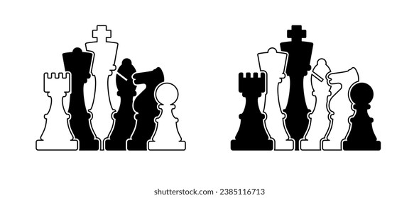 Chess pieces tower horse bishop, king queen Chess Board Setup Vector icon or symbol pieces Flat style the starting positions figures pieces tournament strategy silhouette checker board. Square checker
