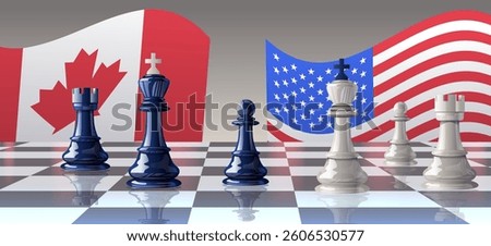 Chess pieces trade war concept Canada USA flags depicted on chessboard with blue and white pieces symbolizing strategic conflict international relations