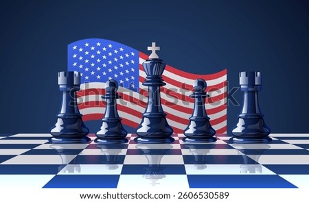 Chess pieces trade war concept illustration. Chess pieces on a board with a waving American flag background symbolizing strategic conflict. Suitable for banners and templates