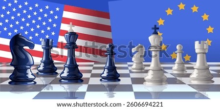 Chess pieces trade war concept USA-EU flags chessboard strategic conflict blue white black background