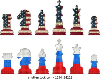 Chess pieces with USA flag and Chess pieces with Russia flag - Illustration,
Chess pieces with USA flag, 
Chess pieces with Russia flag