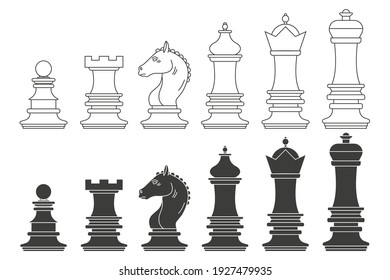 Chess pieces vector black silhouettes set isolated on a white background.