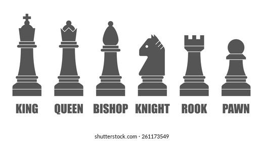 Chess pieces. Vector chessmen shapes with the names of figures isolated on white background. 