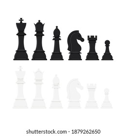 Chess pieces vector icon set isolated on white background. Black and white chess figures - king, queen, bishop, knight, rook, pawn game disign elements. Flat design cartoon style clip art illustration