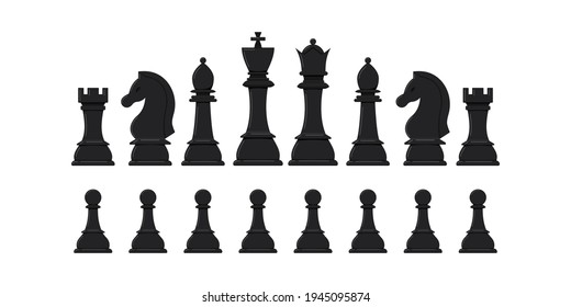 Chess pieces vector icon set isolated on white background. Black chess figures in a raw - king, queen, bishop, knight, rook, pawn game disign elements. Flat design cartoon style clip art illustration.