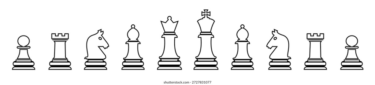 Chess Pieces vector illustration, Chessboard game, Set of Chess Pieces, Chess black flat icons - King, Queen, rook, knight, bishop, pawn. Chess- silhouettes vector icons, Chess icons set.