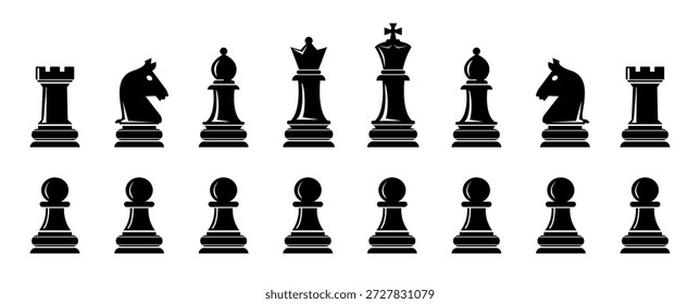 Chess Pieces vector illustration, Chessboard game, Set of Chess Pieces, Chess black flat icons - King, Queen, rook, knight, bishop, pawn. Chess- silhouettes vector icons, Chess icons set.