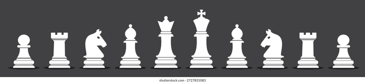 Chess Pieces vector illustration, Chessboard game, Set of Chess Pieces, Chess black flat icons - King, Queen, rook, knight, bishop, pawn. Chess- silhouettes vector icons, Chess icons set.