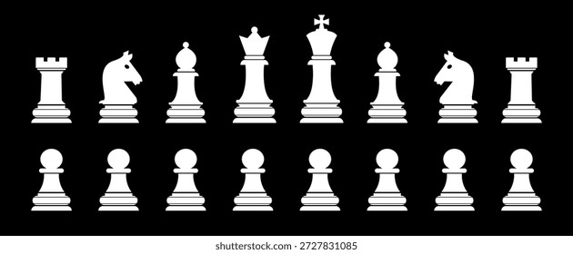 Chess Pieces vector illustration, Chessboard game, Set of Chess Pieces, Chess black flat icons - King, Queen, rook, knight, bishop, pawn. Chess- silhouettes vector icons, Chess icons set.