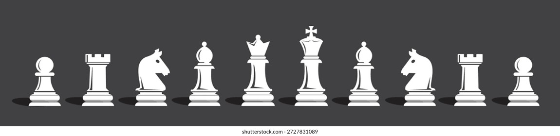 Chess Pieces vector illustration, Chessboard game, Set of Chess Pieces, Chess black flat icons - King, Queen, rook, knight, bishop, pawn. Chess- silhouettes vector icons, Chess icons set.