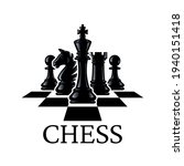 Chess pieces vector illustration. Chess Pieces: King, Knight, Rook, Pawns on a chessboard. Isolated on a white background