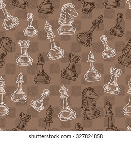 Chess Pieces Vector Seamless pattern. Black and white chess pieces. Hand drawn doodle king, queen, bishop, knight, rook, pawn and chess board, chess clock.