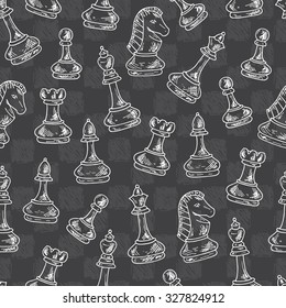 Chess Pieces Vector Seamless pattern. Hand drawn doodle king, queen, bishop, knight, rook, pawn and chess board, chess clock.