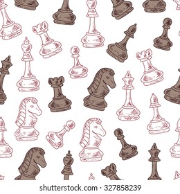 Chess Pieces Vector Seamless pattern. Hand drawn doodle king, queen, bishop, knight, rook, pawn