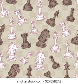 Chess Pieces Vector Seamless pattern. Hand drawn doodle king, queen, bishop, knight, rook, pawn