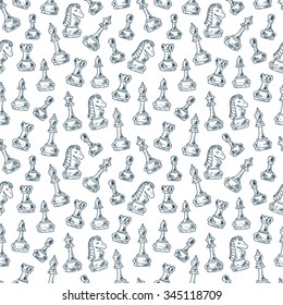 Chess Pieces Vector Seamless pattern. Hand drawn doodle king, queen, bishop, knight, rook, pawn and chess board, chess clock.