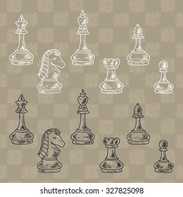 Chess Pieces Vector Set. Black and white chess pieces. Hand drawn doodle king, queen, bishop, knight, rook, pawn.