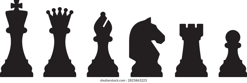 Chess pieces vector set illustration. Black silhouettes of king, queen, bishop, knight, rook, and pawn isolated on white background. Game strategy and leadership elements.