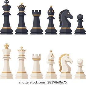 Chess pieces vector set isolated on white background. Flat illustration of black and white chess figures including king, queen, rook, bishop, knight, and pawn.