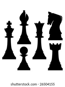 Chess pieces in vector silhouette including king, queen, rook, pawn, knight, and bishop