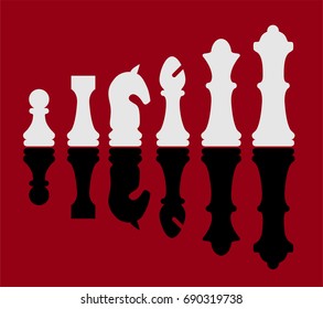 chess pieces vector, simple clean, white and black, shadow, red background 