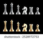 Chess Pieces Vectors, including king, queen, rook, bishop, knight and pawn in silvery and golden aspects.