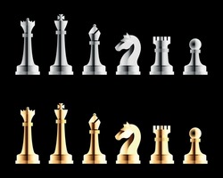 Chess Pieces Vectors, including king, queen, rook, bishop, knight and pawn in silvery and golden aspects.