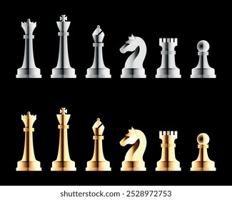 Chess Pieces Vectors, including king, queen, rook, bishop, knight and pawn in silvery and golden aspects.