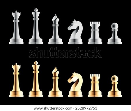 Chess Pieces Vectors, including king, queen, rook, bishop, knight and pawn in silvery and golden aspects.