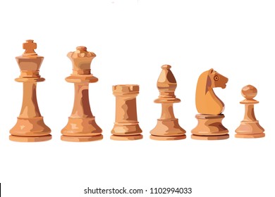 Chess pieces white, six pieces, each isolated on a white background