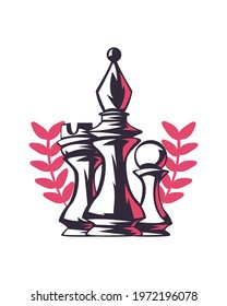 Chess pieces with wreath on white background